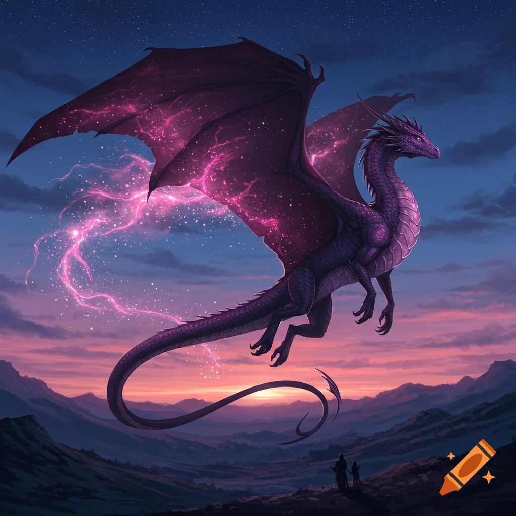 A majestic purple dragon with glowing, pink nebula wings flies over a mountain landscape at twilight, as two small figures watch from below.