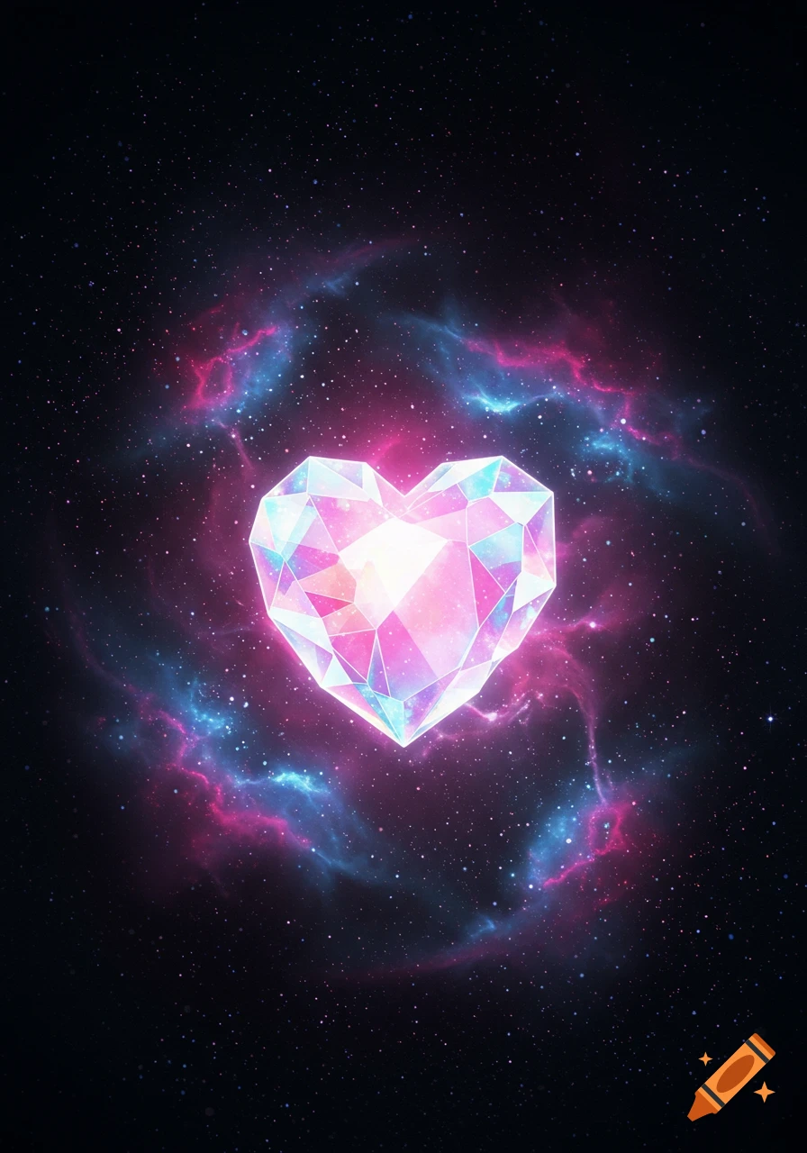 A shimmering, faceted heart with pink and blue light, floating in a starry space with colorful nebulae.