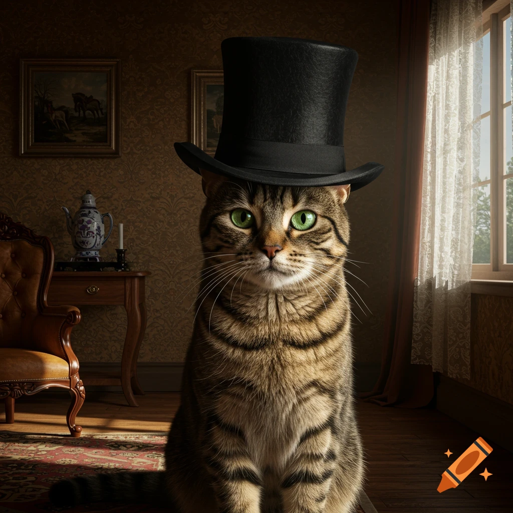 A photorealistic image of a tabby cat wearing a black top hat, sitting in a richly decorated vintage room with furniture and a window.