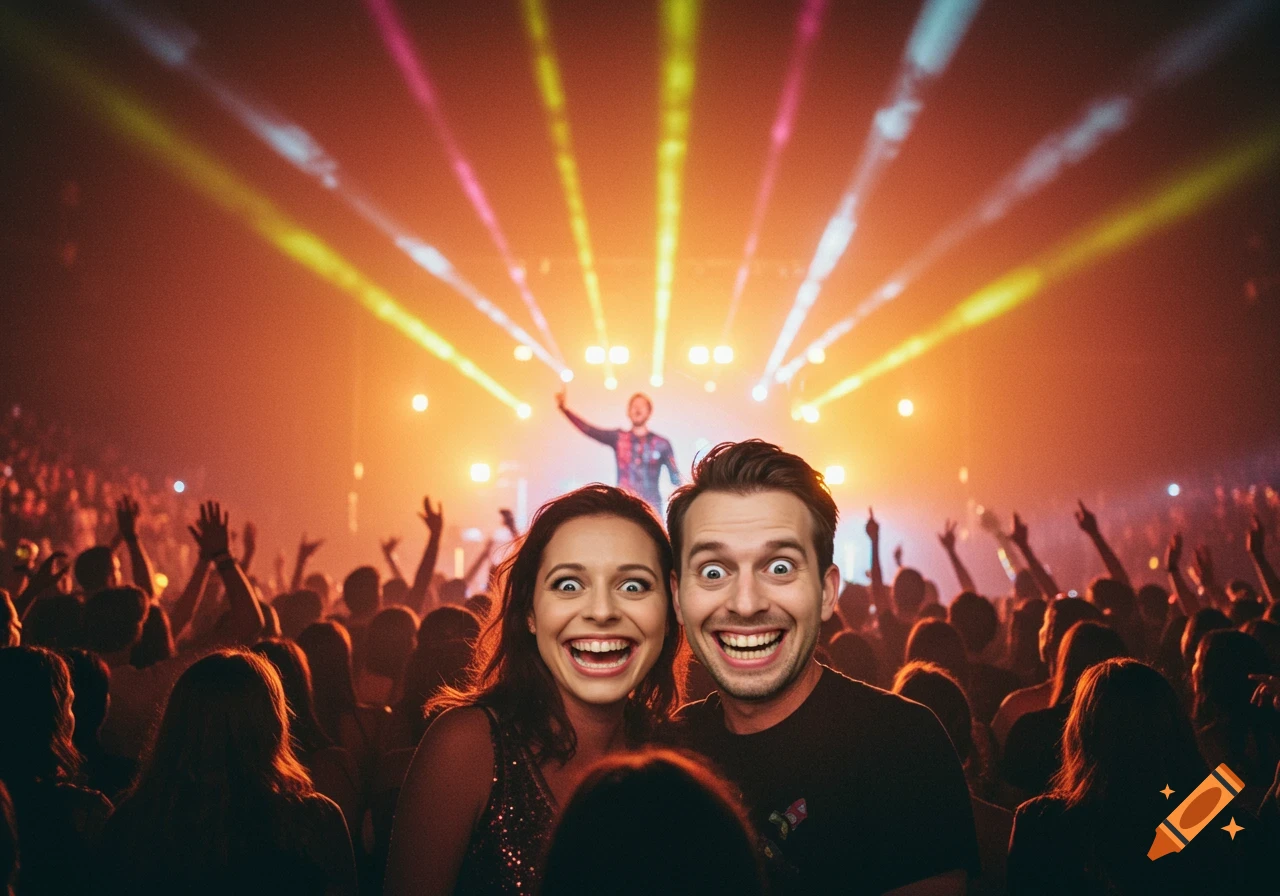 A man and a woman with exaggerated, wide-eyed smiles at a concert, with a blurred crowd and stage lights in the background.