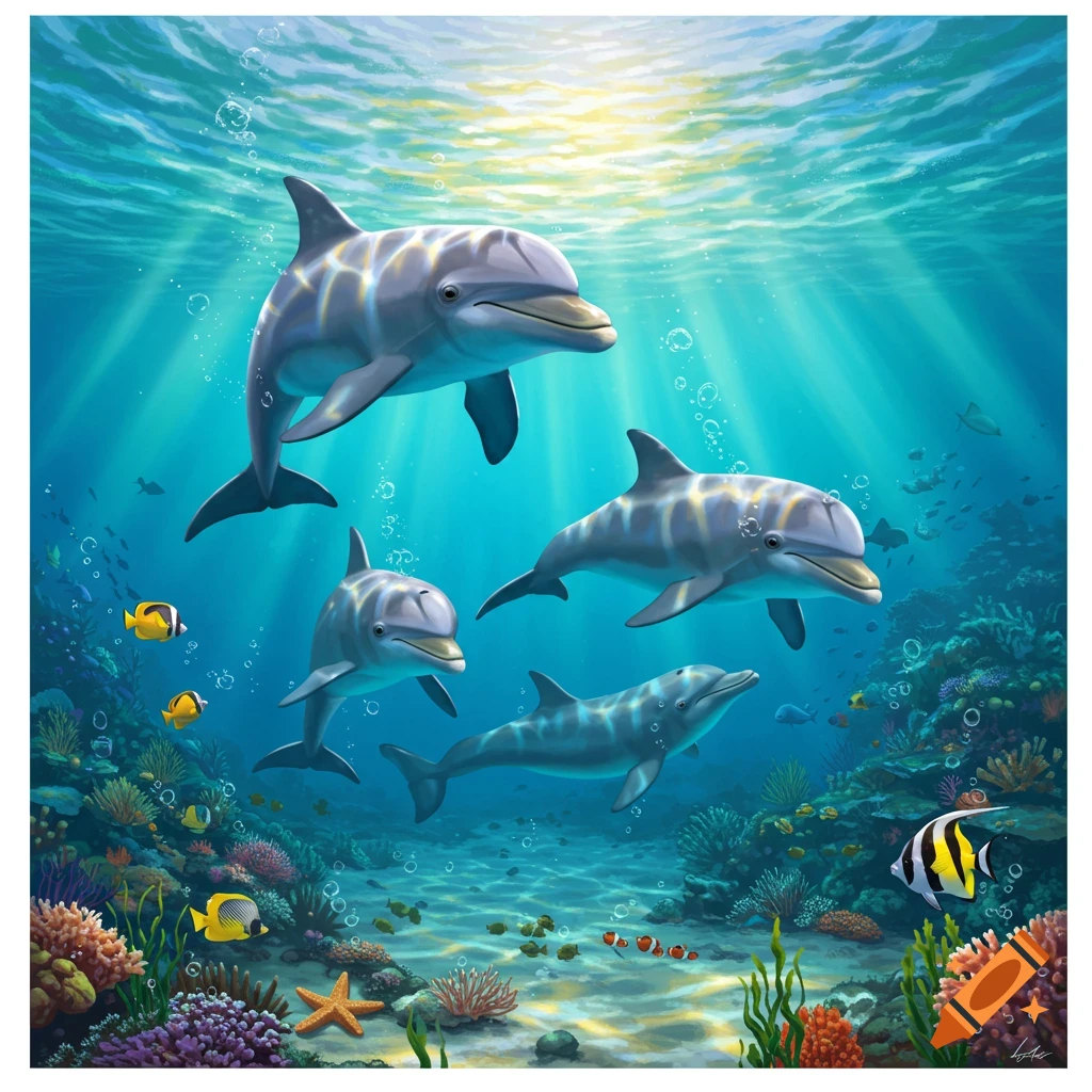 Four dolphins swim in clear blue water above a colorful coral reef with fish and sunlight.