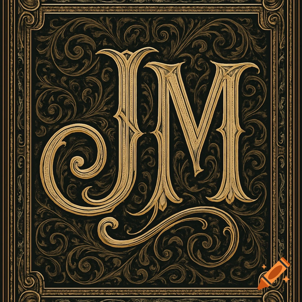 Ornate gold letters JM on a dark, intricate Victorian pattern background within a decorative frame.
