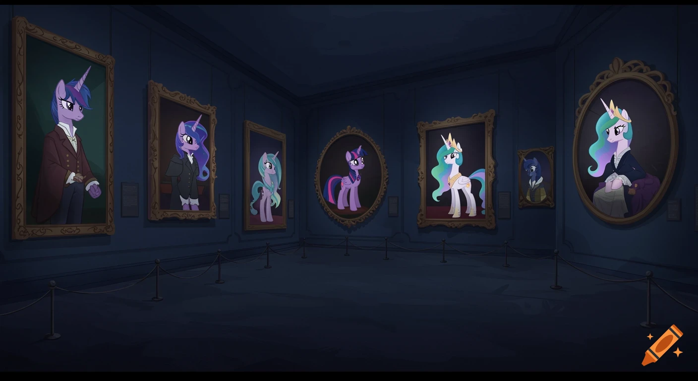 A dark, empty cartoon art gallery featuring several framed portraits of colorful My Little Pony characters on the walls.