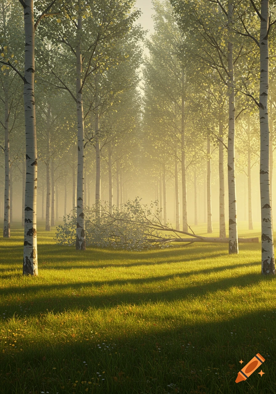 Sunlit forest with tall, slender trees and a fallen tree on green grass, casting long shadows.