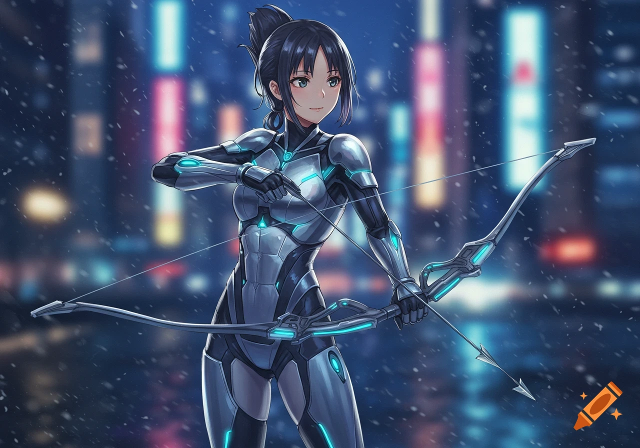 Anime girl in a futuristic armored suit holding a bow in a snowy cyberpunk city at night.