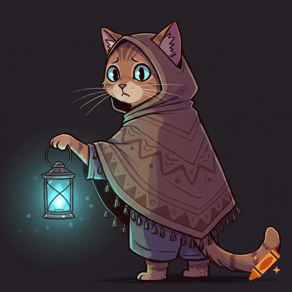 A cartoon cat in a hooded poncho holds a glowing blue lantern in the dark, looking scared.