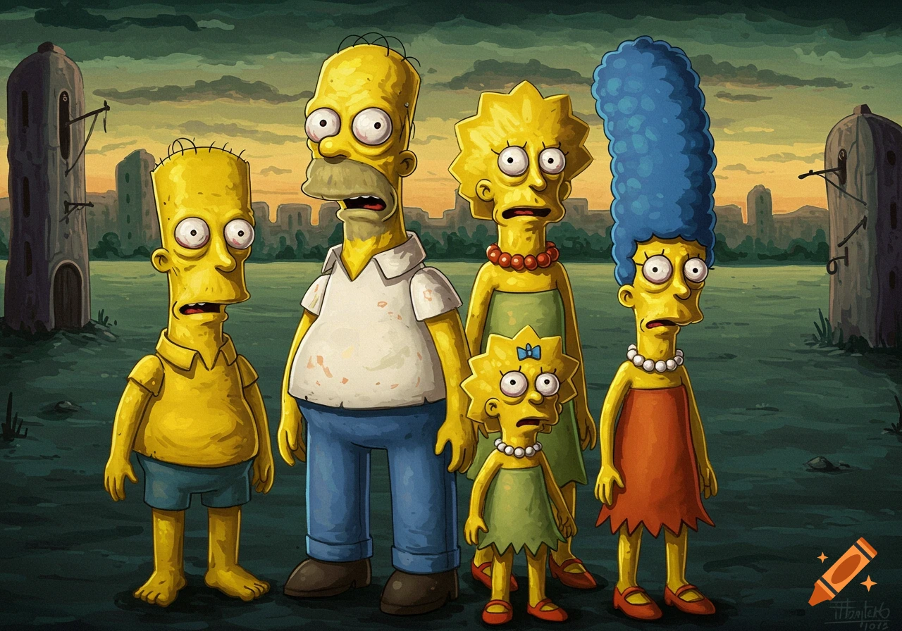 The Simpsons family, distorted and eerie, stand in a desolate landscape with a sunset sky, appearing gaunt and frightened.