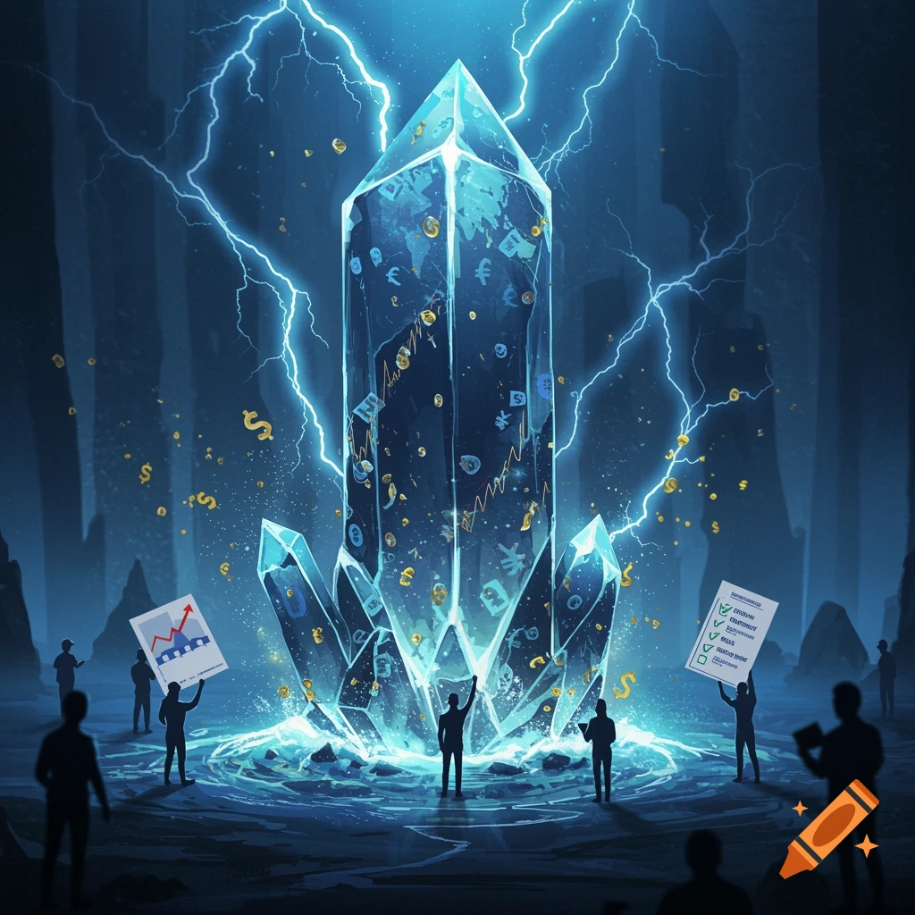 A large, glowing blue crystal, representing financial data and a world map, stands amidst lightning in a dark cave. Silhouetted figures surround it, some holding papers with charts and checklists.