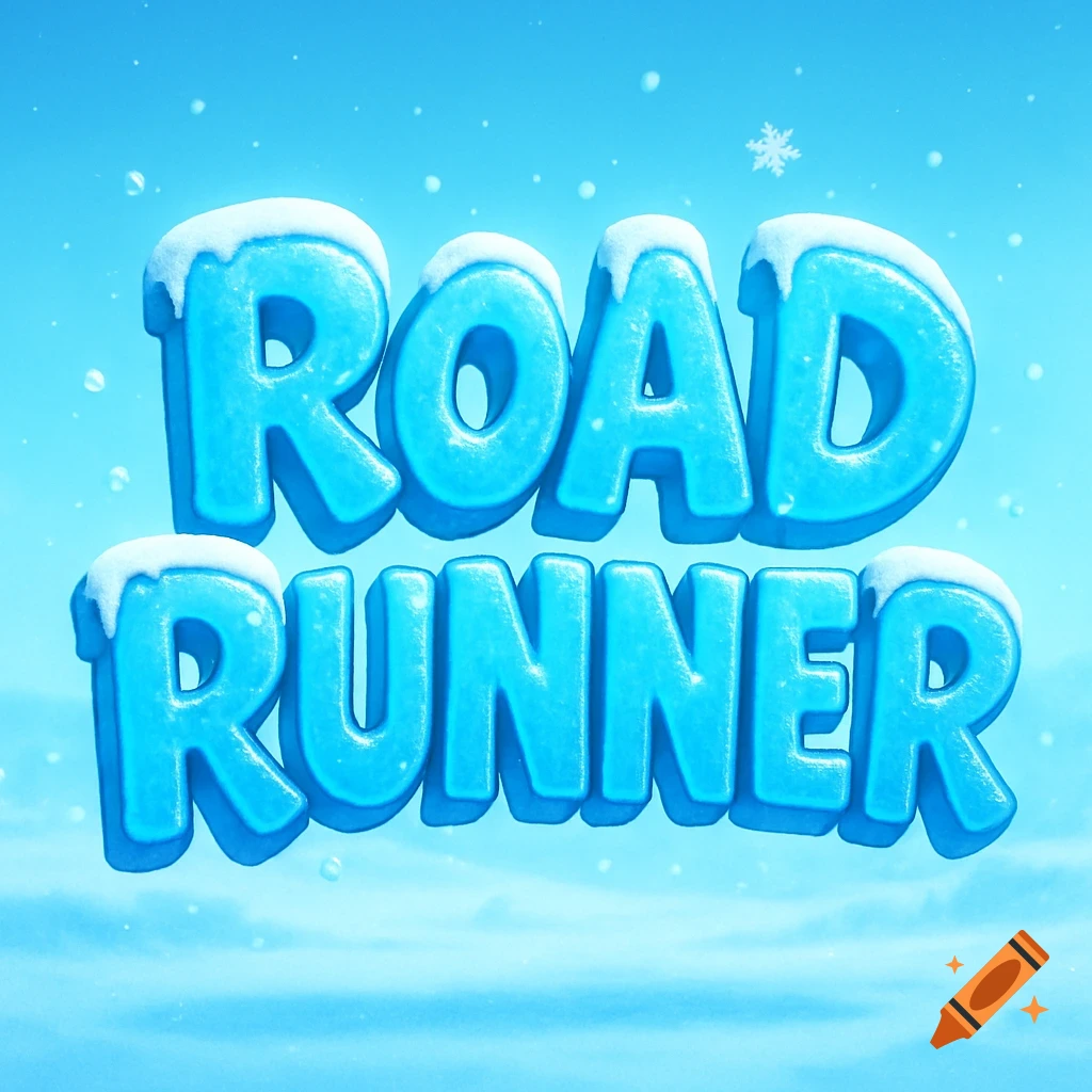 Blue, icy 3D text spelling 'ROAD RUNNER' with snow on top, against a light blue winter sky with falling snowflakes.