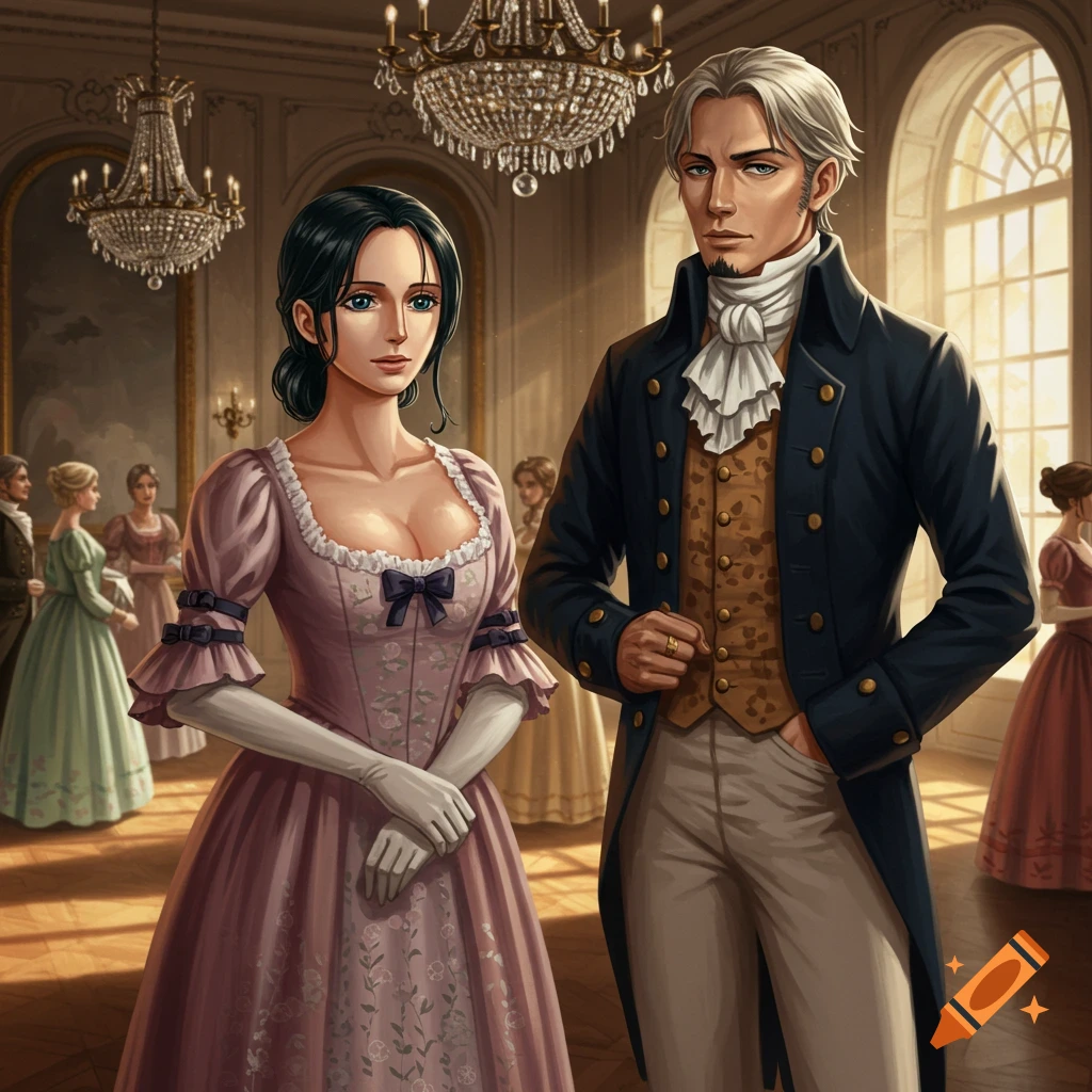An anime-style image of a woman in a pink gown and a man in a blue coat and vest, posing in a grand ballroom with chandeliers.