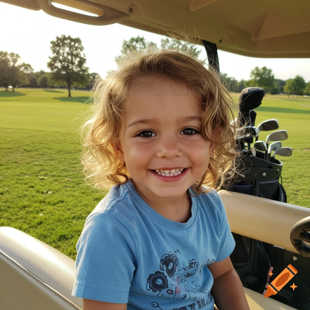 A smiling young child with wavy blonde hair sits in a golf cart on a sunny golf course.