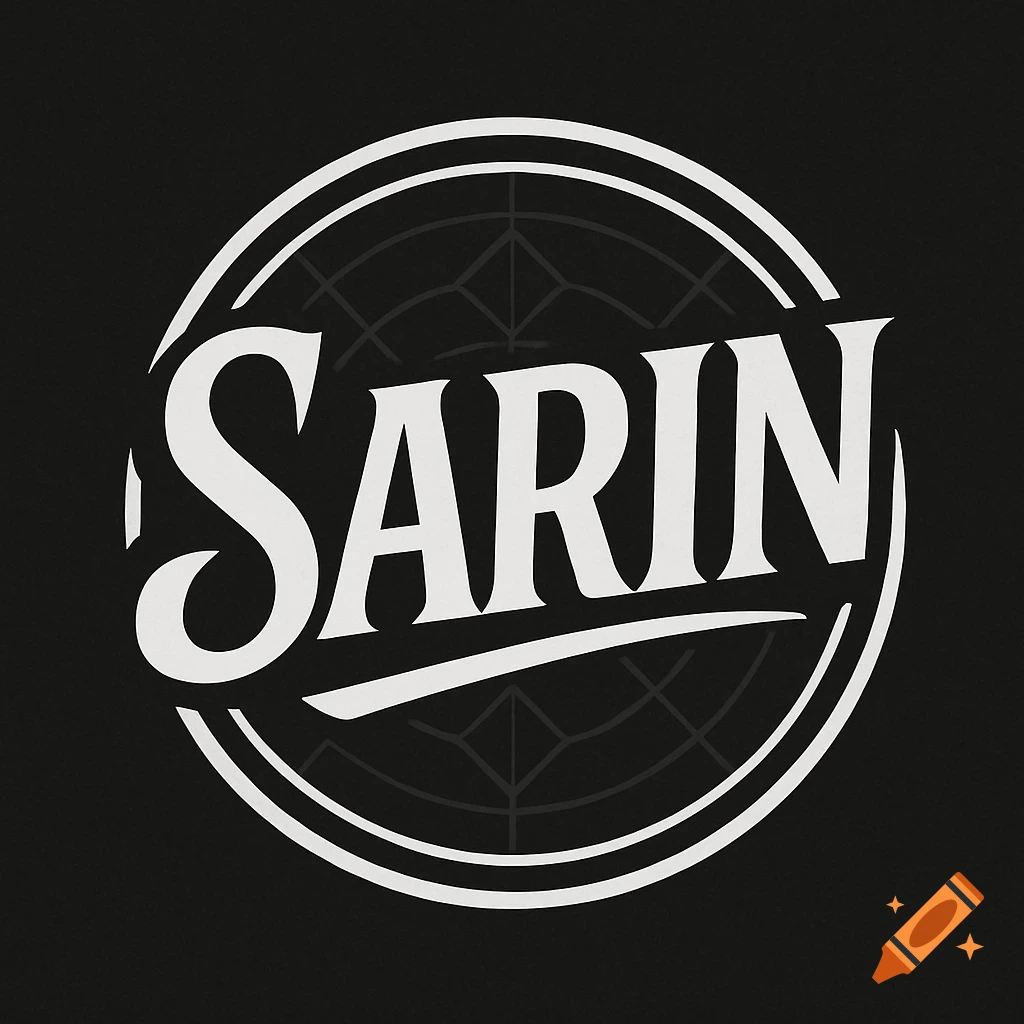 A black and white circular logo with the word "SARIN" in stylized white text in the center.