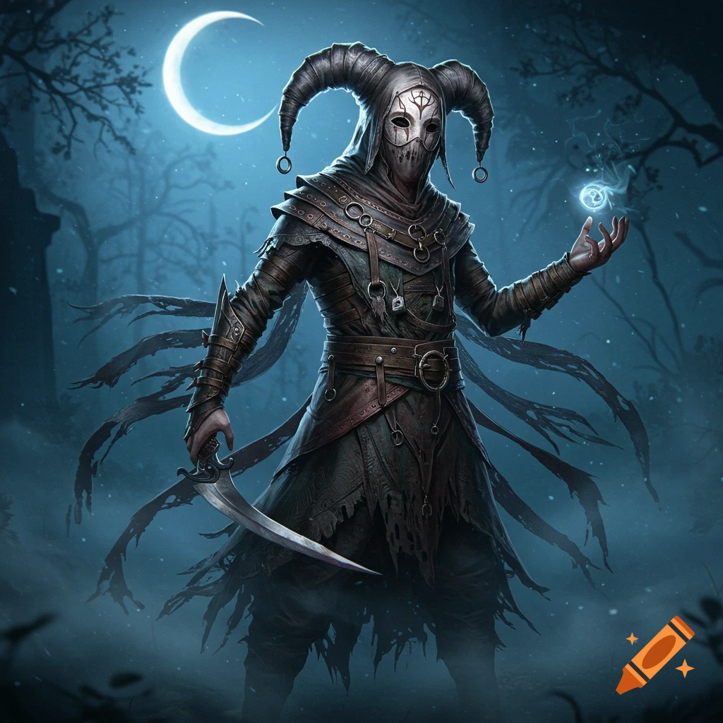 A masked figure with horns and tattered clothes, holding a dagger and a glowing orb in a moonlit forest. Dark fantasy style.