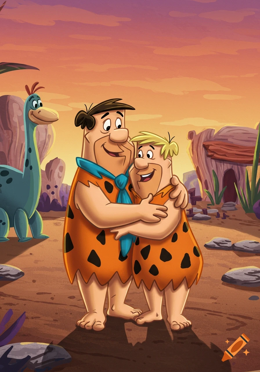Cartoon of Fred Flintstone hugging Barney Rubble in a prehistoric landscape with a dinosaur and cave.