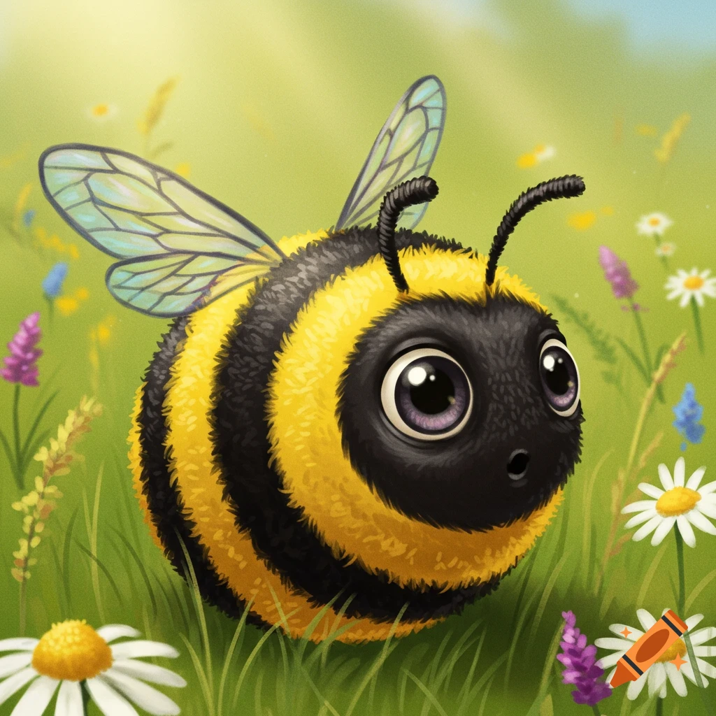 A cute, fluffy bumblebee with big eyes sits in a green field with white and purple flowers, in a cartoon illustration style.