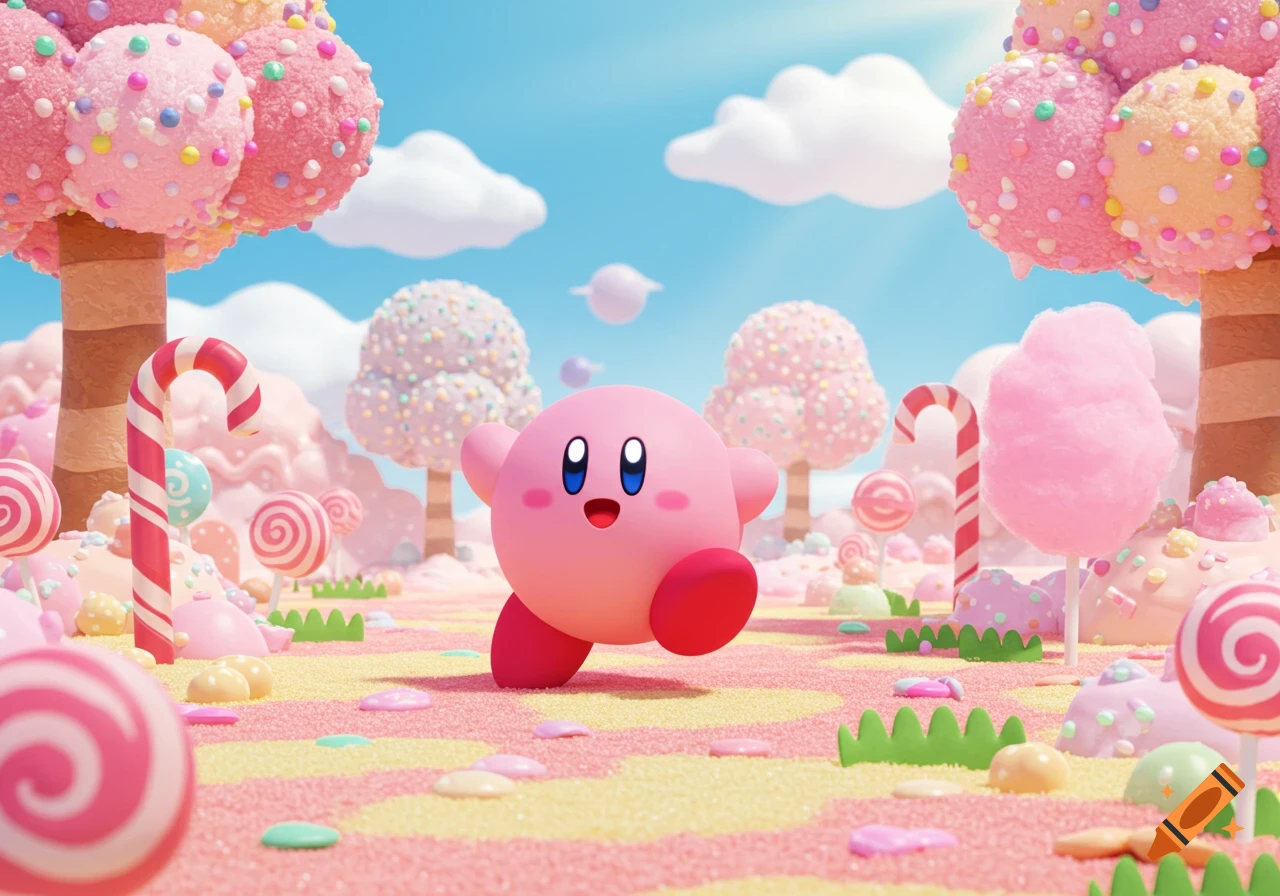 Kirby runs through a vibrant candy land with pink lollipop trees, candy canes, and sweet treats under a blue sky.
