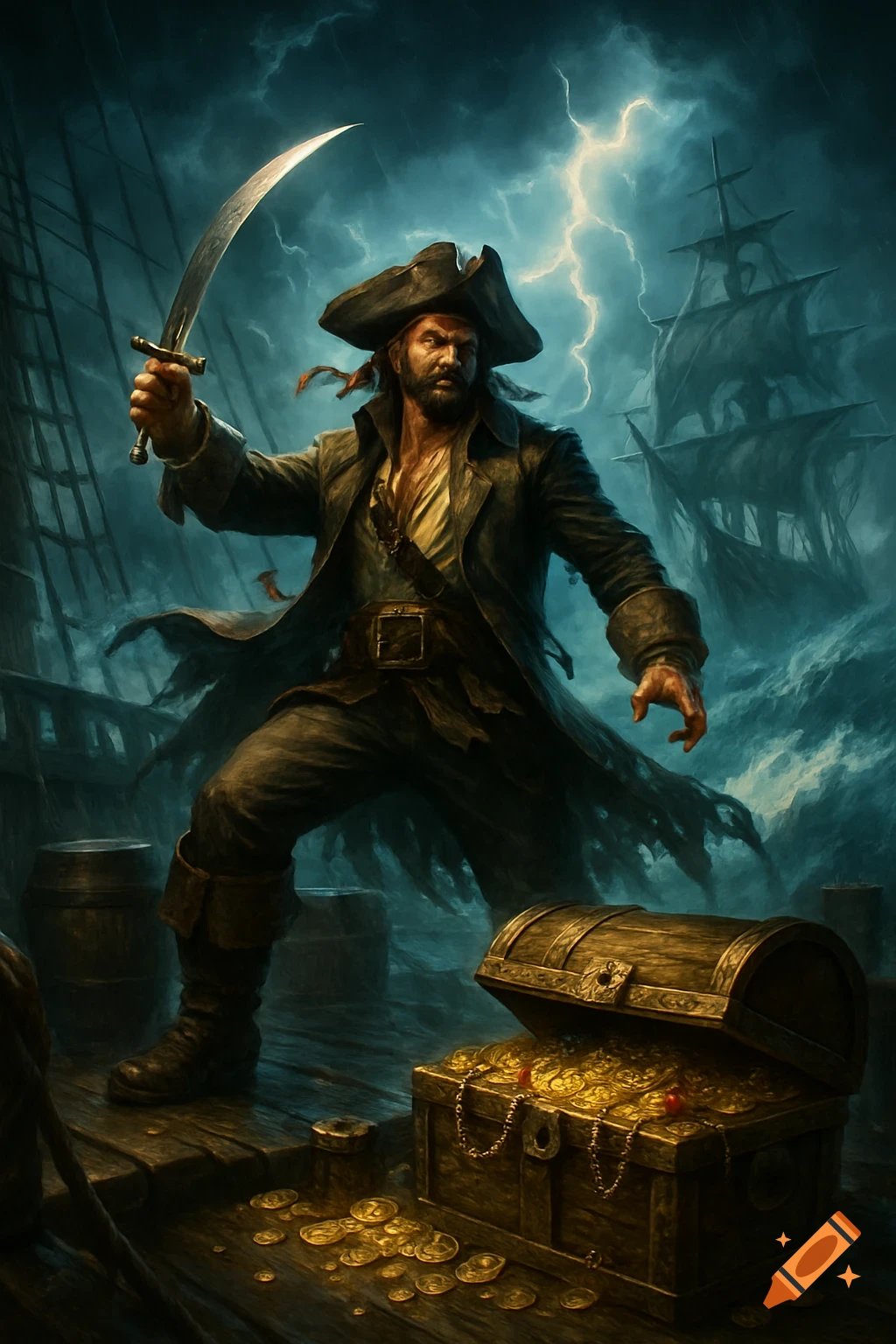 A dramatic illustration of a pirate with a saber and treasure chest on a stormy ship deck with lightning.