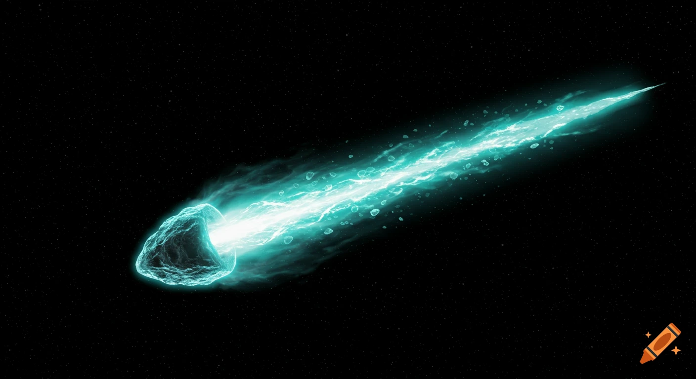 An icy, glowing comet with a teal-blue tail streaks through dark, star-filled space.