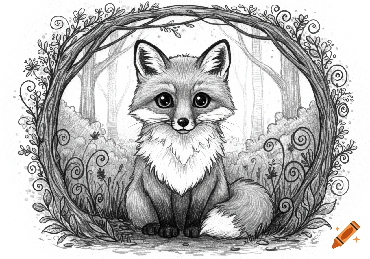 A cute, stylized fox sits in a forest clearing, framed by swirling branches, in a black and white pencil drawing.
