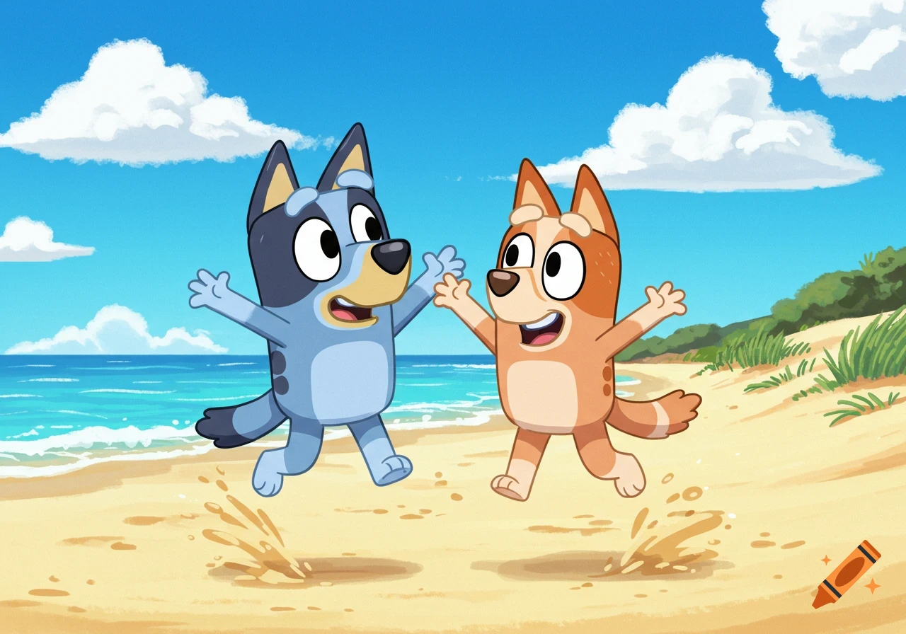 Bluey and Bingo, two cartoon dogs, happily jump on a sandy beach with the ocean and sky in the background.