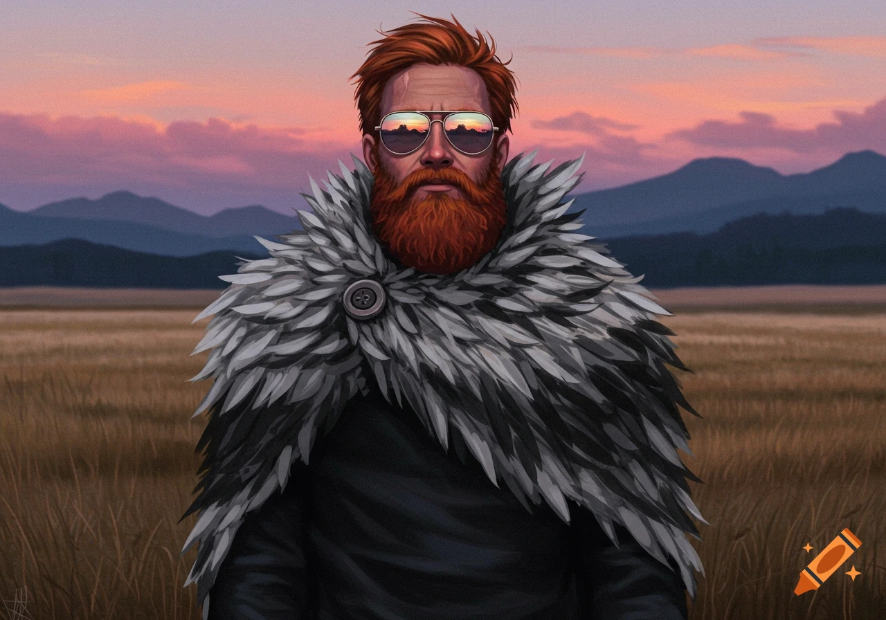 An illustration of a red-bearded man in reflective sunglasses and a grey feather cape, standing in a field at sunset.