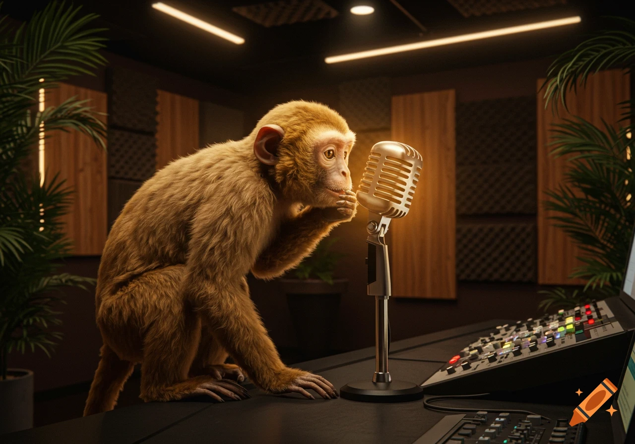 A photorealistic monkey sitting at a desk, leaning towards a vintage microphone in a professional recording studio.