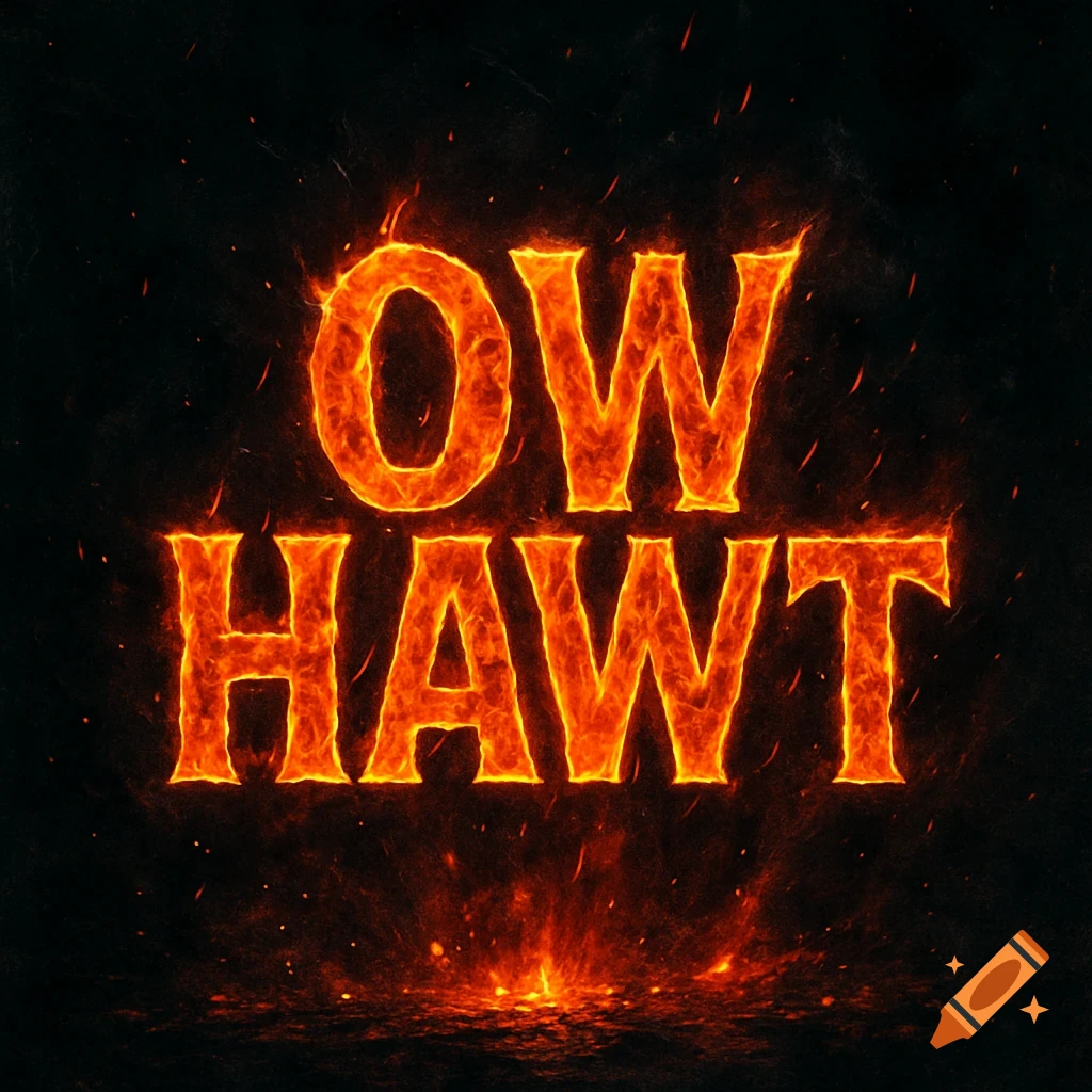 Fiery orange text spelling 'OW HAWT' against a dark, smoky background, with embers rising from below.
