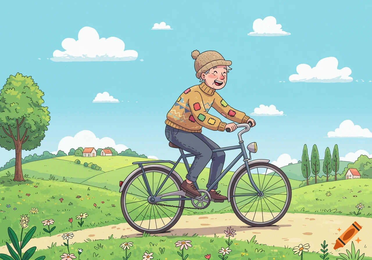 A happy cartoon old person rides a bike on a dirt path through a green, hilly landscape with trees and houses under a blue sky.