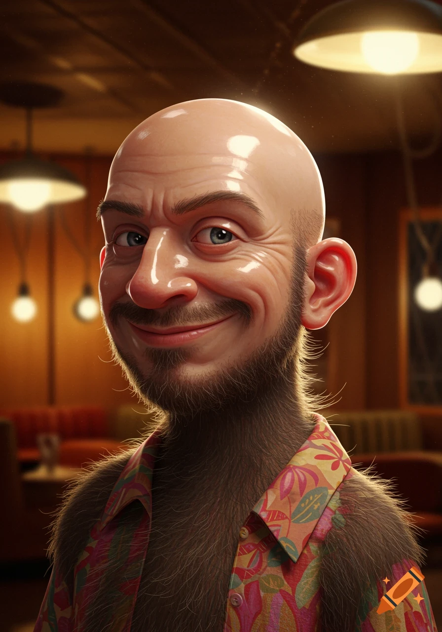 A broadly smiling bald man with a hairy body and a beard wears a colorful Hawaiian shirt in a dimly lit room.