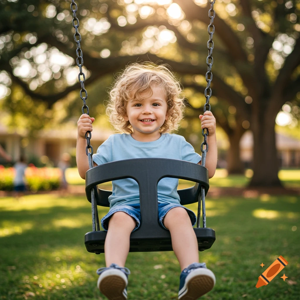 A smiling young child with curly hair sits on a swing in a sunny park.