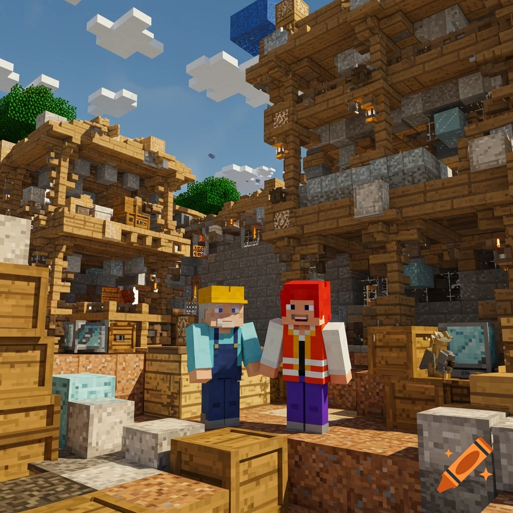 A Minecraft scene depicting two blocky characters, one an older man with grey hair and a hard hat, and a red-haired person in a safety vest, standing in a busy construction site with wooden scaffolding and stone walls.
