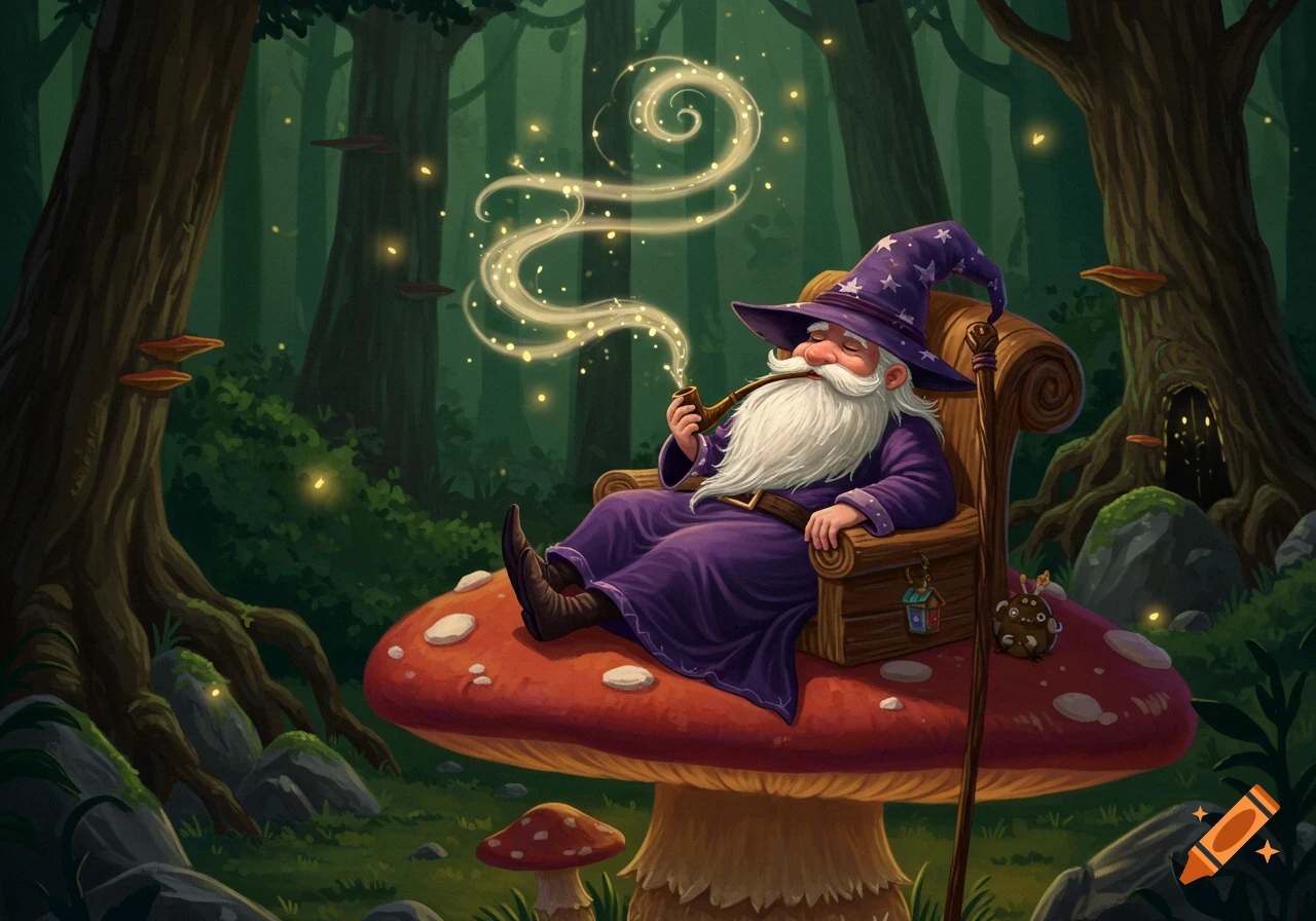 A bearded wizard in purple robes sits on a giant mushroom, smoking a glowing pipe in an enchanted forest with fireflies.