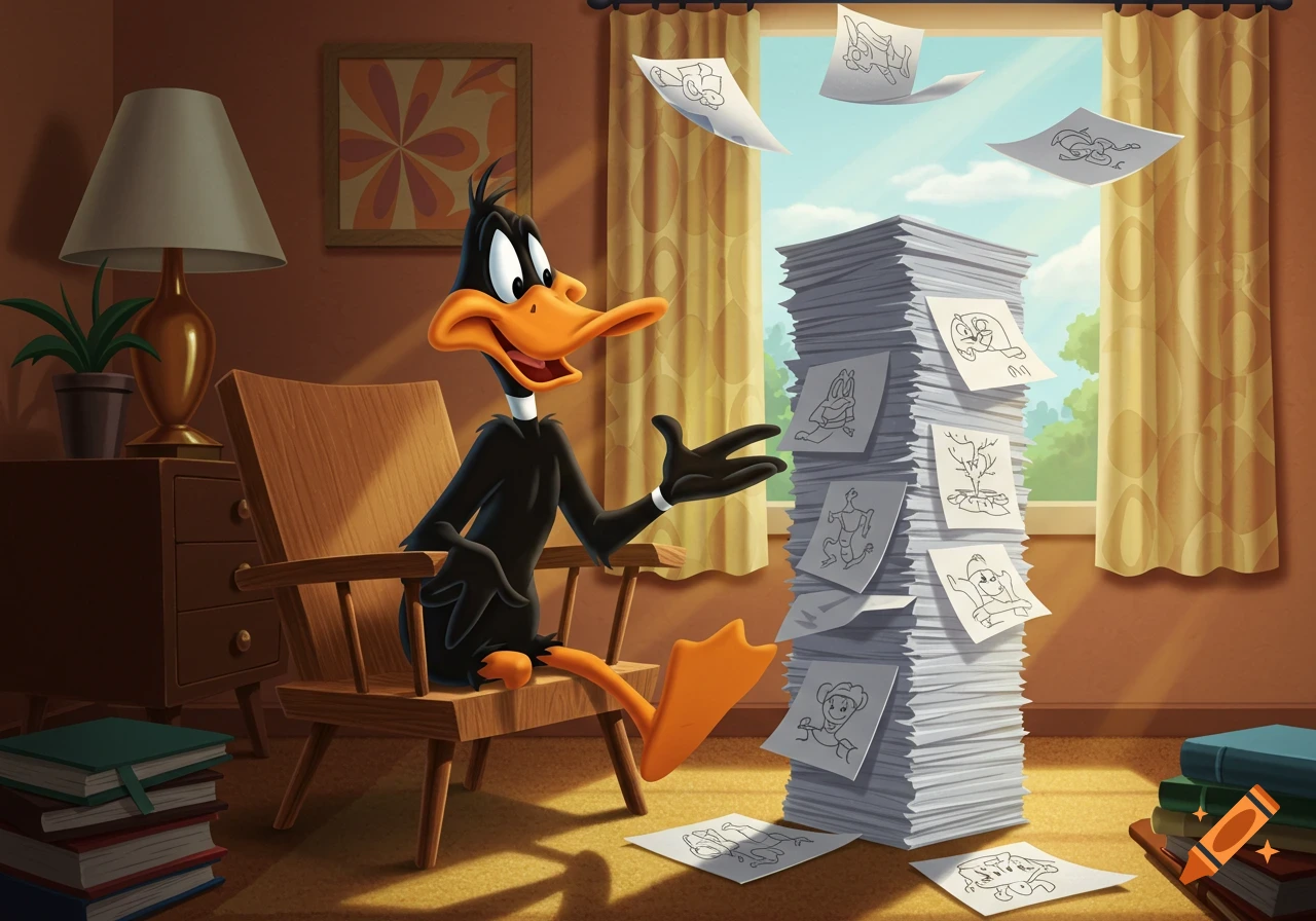 Daffy Duck sits in a wooden chair, gesturing towards a tall stack of papers with drawings on them. Papers float in front of a bright window.