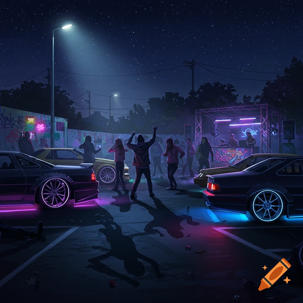 Stylized illustration of a vibrant late-night car party under a starry sky, with people dancing around cars with neon underglow and a DJ booth.