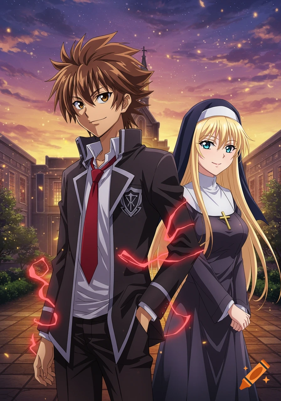 Anime illustration of a male student and a female nun standing in a courtyard at sunset, with red glowing lines around them.