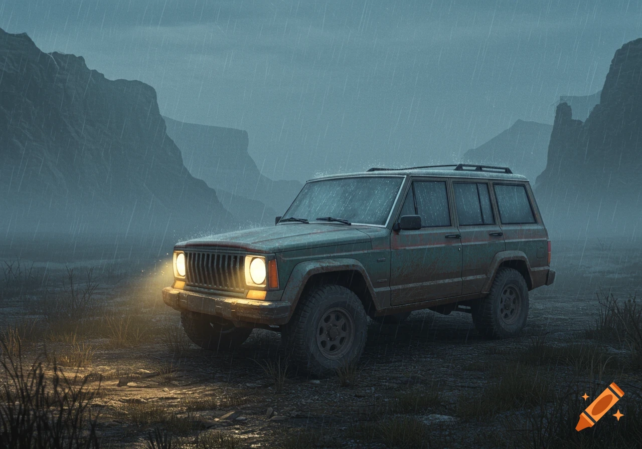 A vintage green Jeep Cherokee drives on a dirt road in the rain with its headlights on, against a backdrop of mountains.