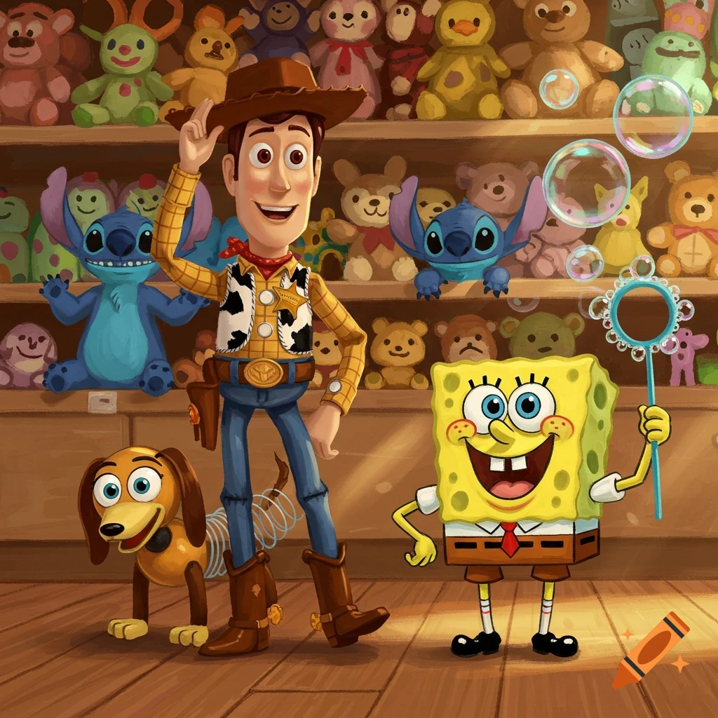 Sheriff Woody, Slinky Dog, SpongeBob SquarePants, and Stitch pose in a vibrant toy store filled with stuffed animals.