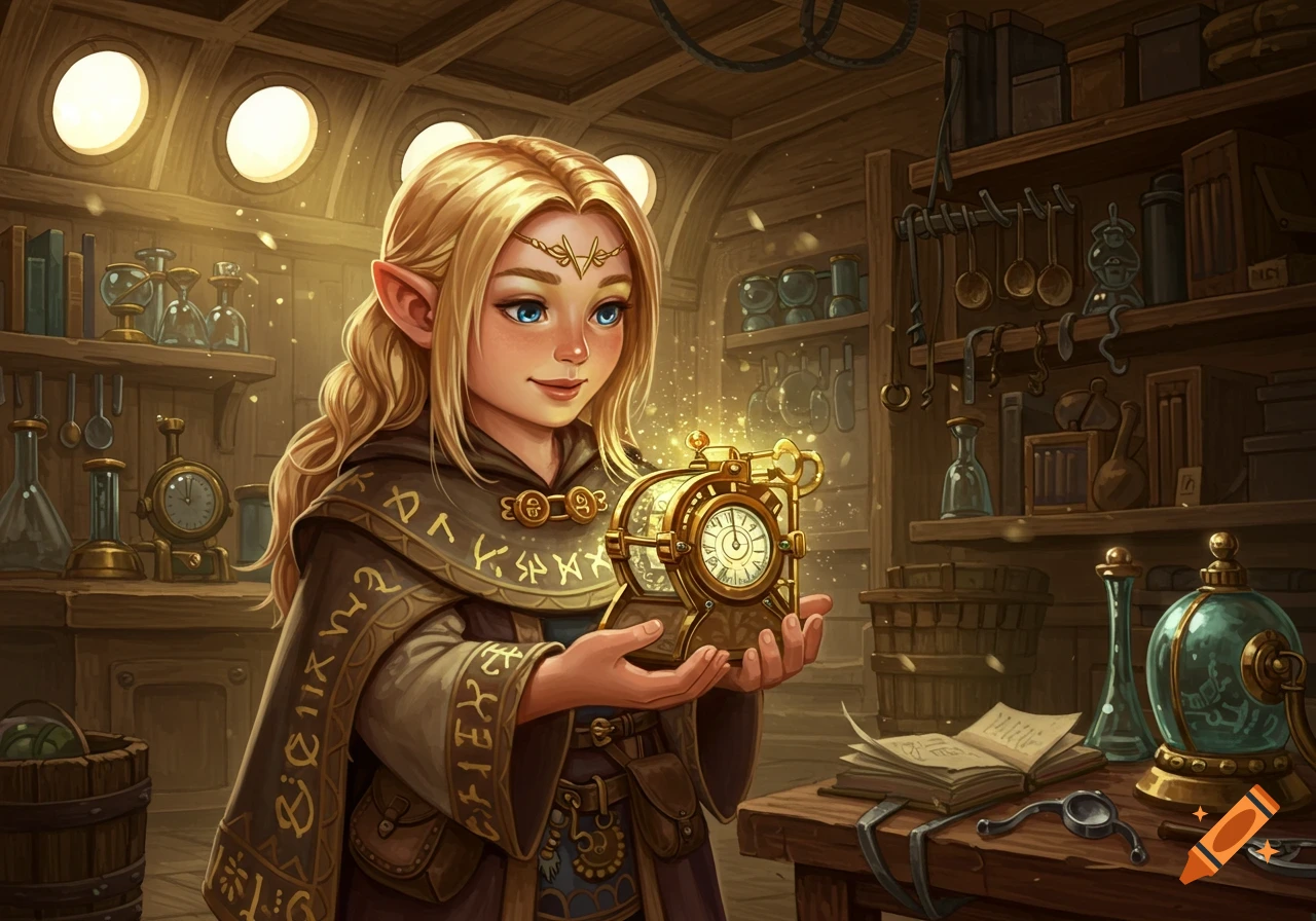 A well-rendered fantasy illustration of a blonde elf-like character holding a glowing, ornate clock in a workshop.