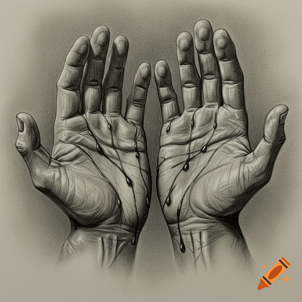 Pencil drawing of two upward-facing hands with dark droplets running down the palms.
