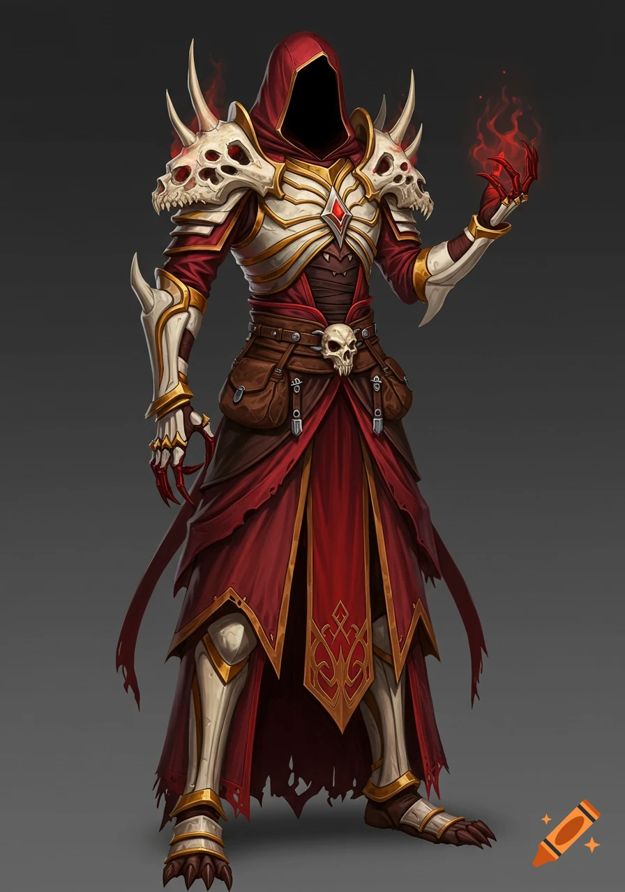 A hooded mage in bone armor and crimson robes, with a skull belt buckle, standing and casting a red flame.