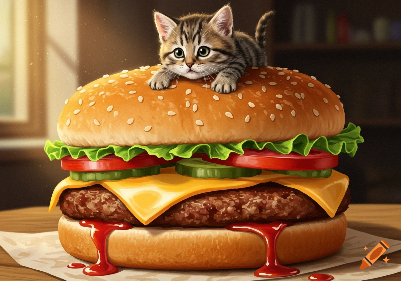 An illustrated tabby kitten standing on a large hamburger with cheese, lettuce, tomato, and pickles.
