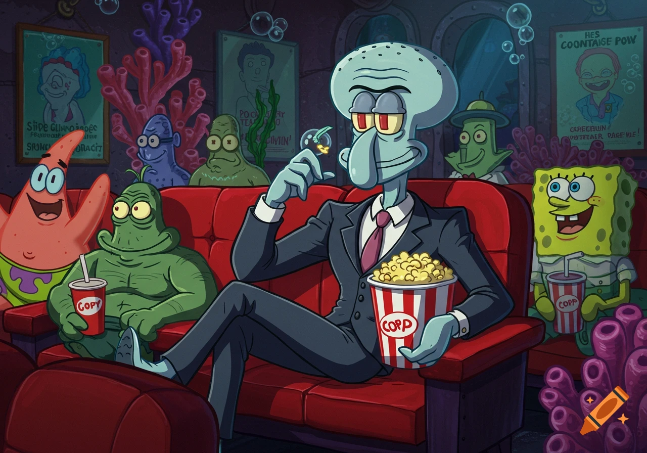 Handsome Squidward in a suit holds popcorn in a red movie theater seat with Patrick and Spongebob, in Spongebob cartoon style.