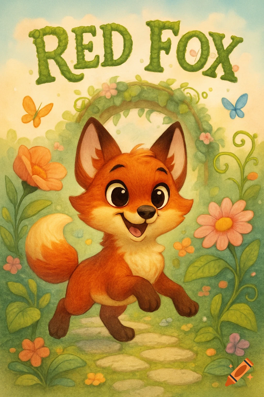 A cute, cartoony red fox smiles and runs through a vibrant garden. Green, mossy letters spell 'RED FOX' above, surrounded by flowers and butterflies.