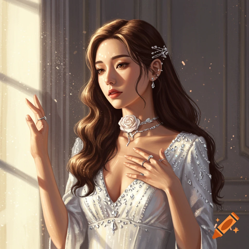 A beautiful woman with long brown hair, wearing a sparkling white dress and elaborate jewelry, bathed in golden sunlight.