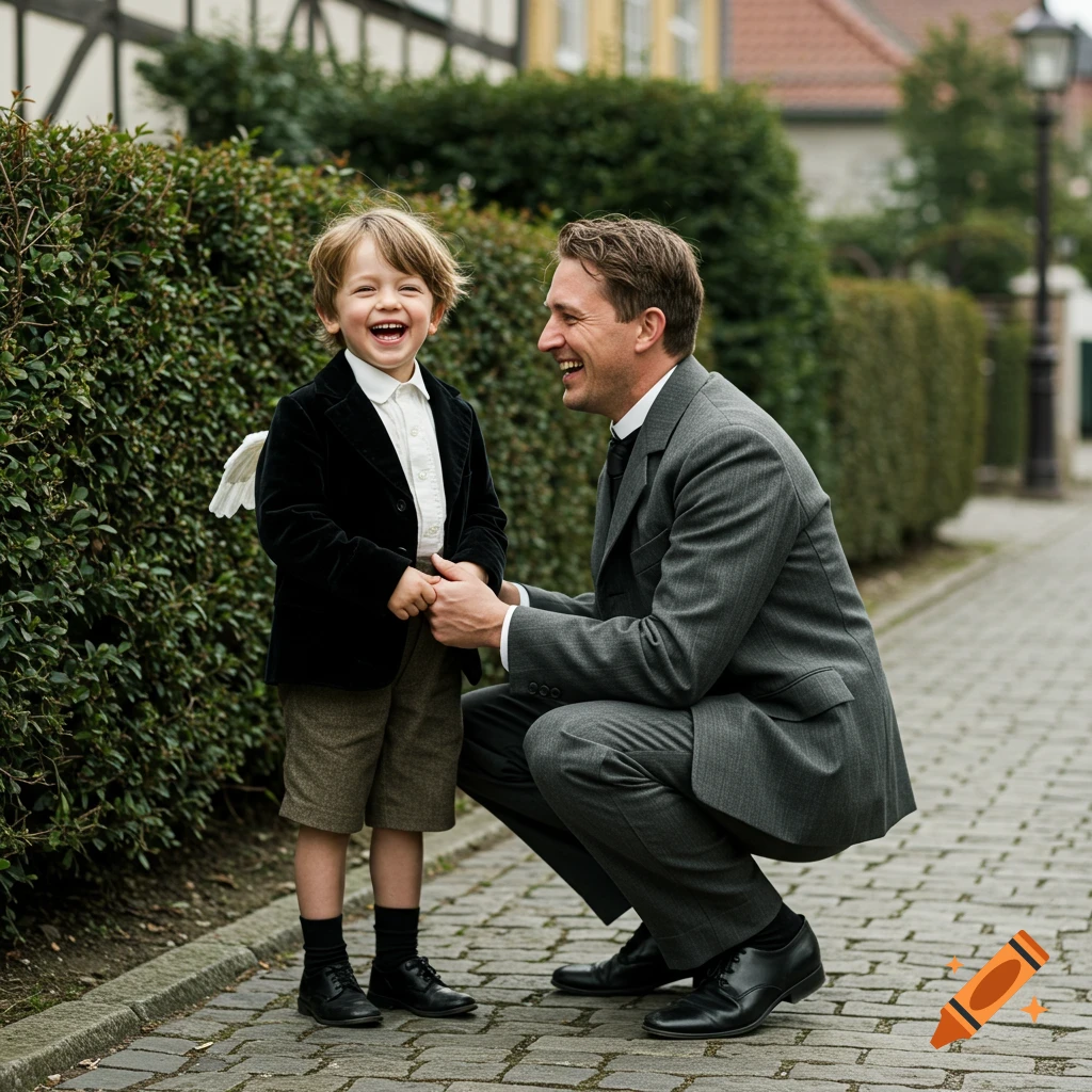 A young boy with small wings on his back and a man in a suit, both laughing, on a cobblestone street.