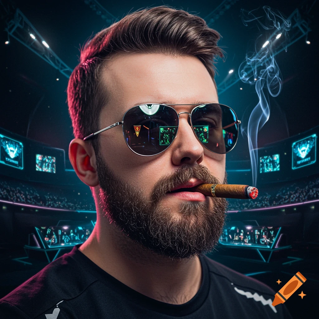 Photorealistic portrait of a bearded man in aviator sunglasses, smoking a cigar, in an esports arena.