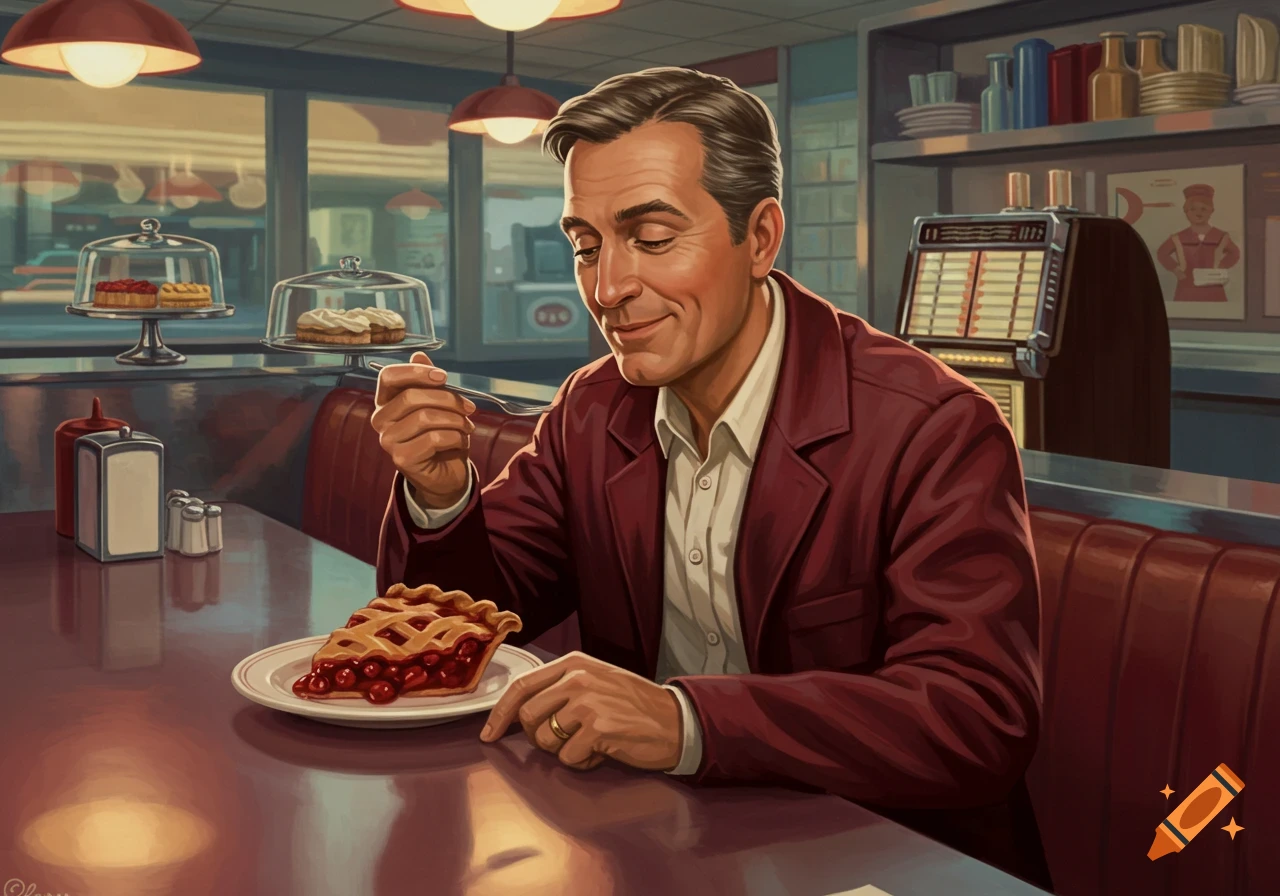 A smiling man in a red jacket eats a slice of cherry pie at a diner booth with a jukebox in the background.