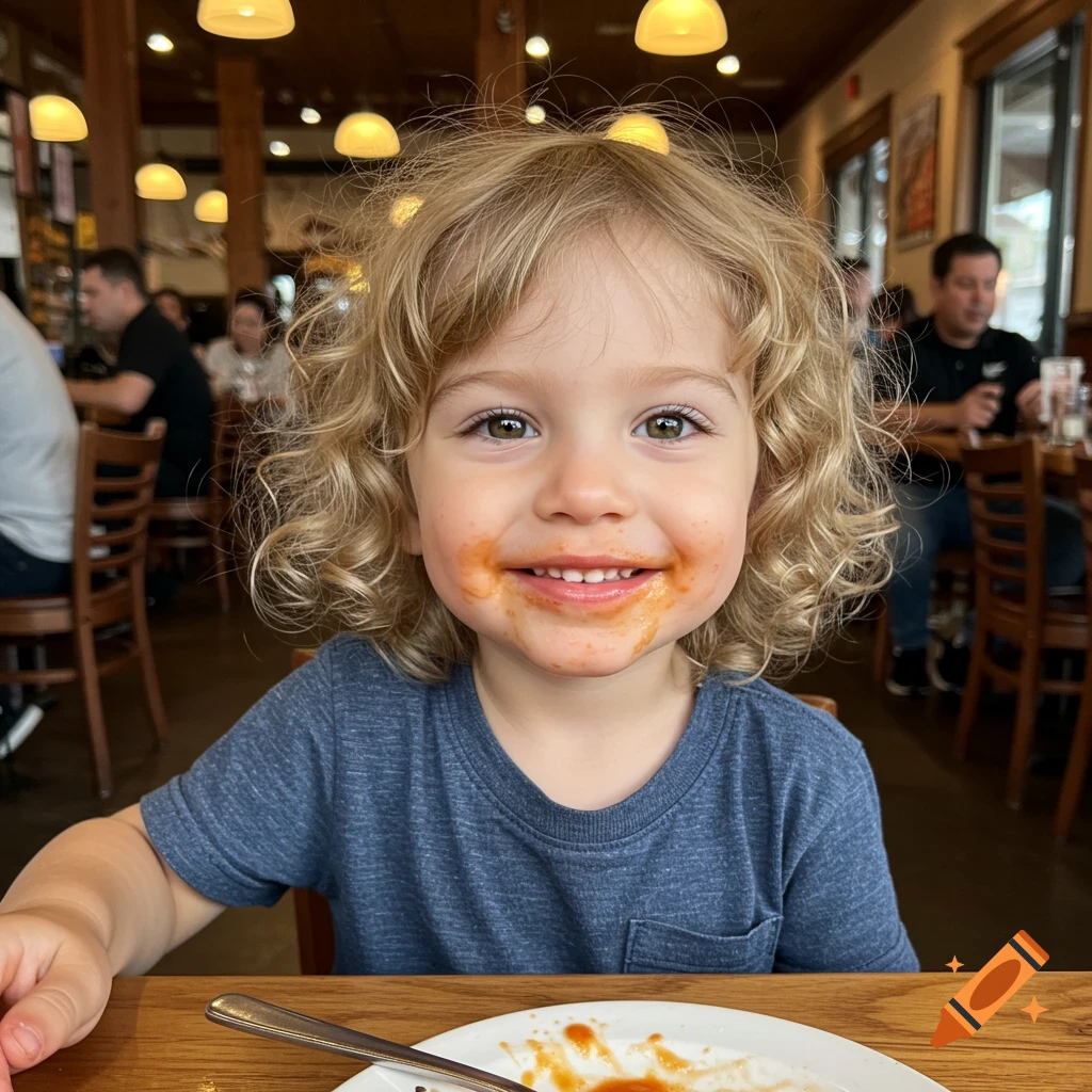 A smiling toddler with curly blonde hair and food sauce on their face sits at a wooden table in a busy restaurant.