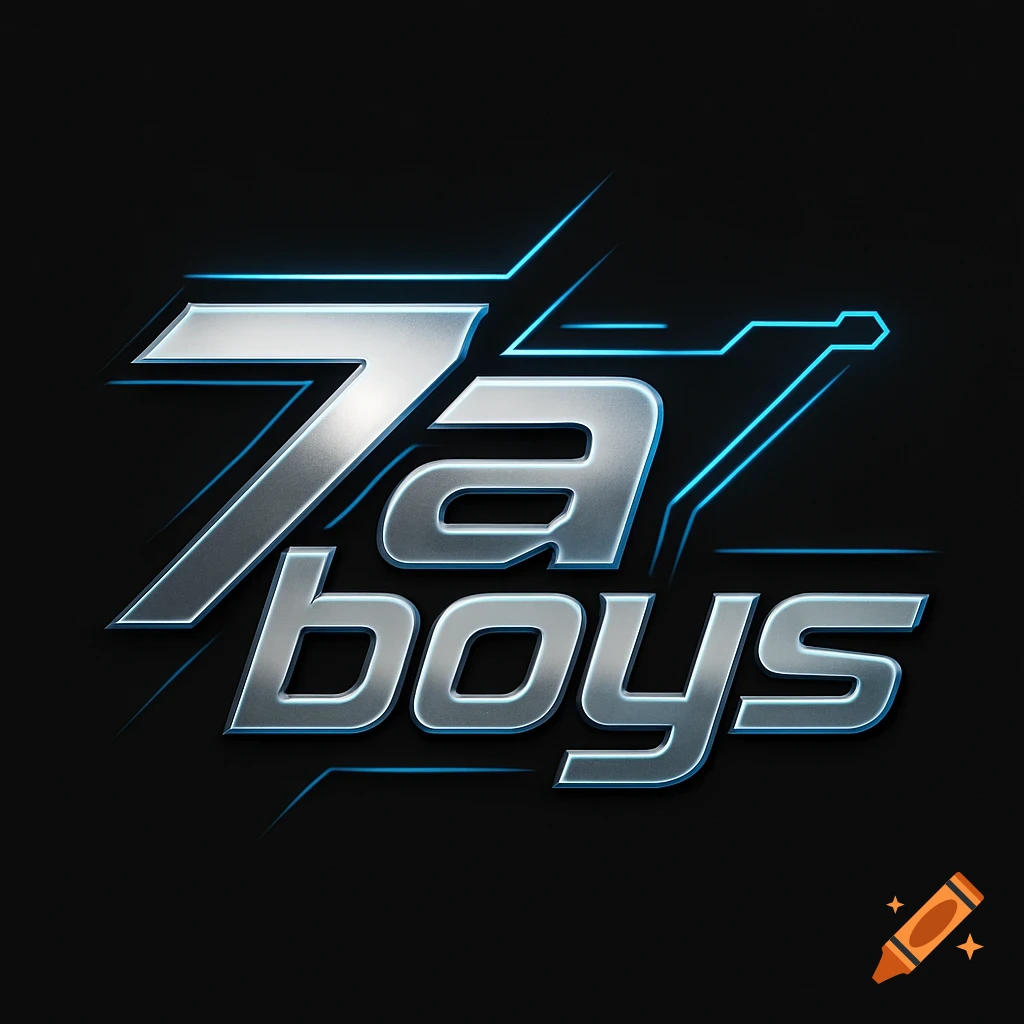 A metallic silver logo with the text '7a boys' and blue glowing accents on a black background.