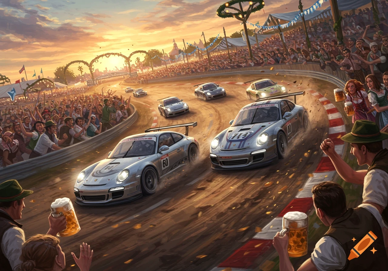 Silver Porsche race cars speed on a dirt track during an Oktoberfest festival at sunset, with a cheering crowd holding beer mugs.